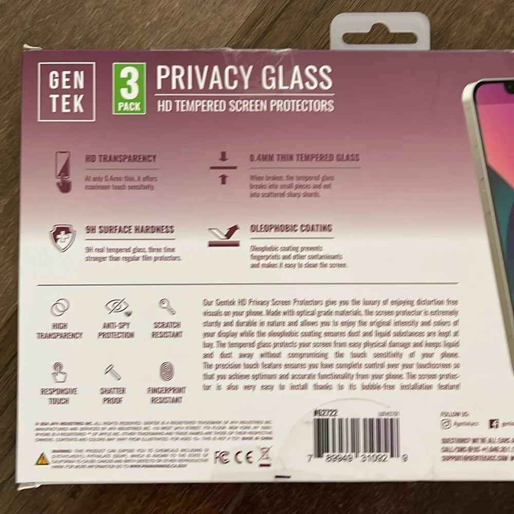 Gen Tek 3 Pk Privacy Glass HD Tempered Screen Protectors Fits iPhone 15 14 13 12